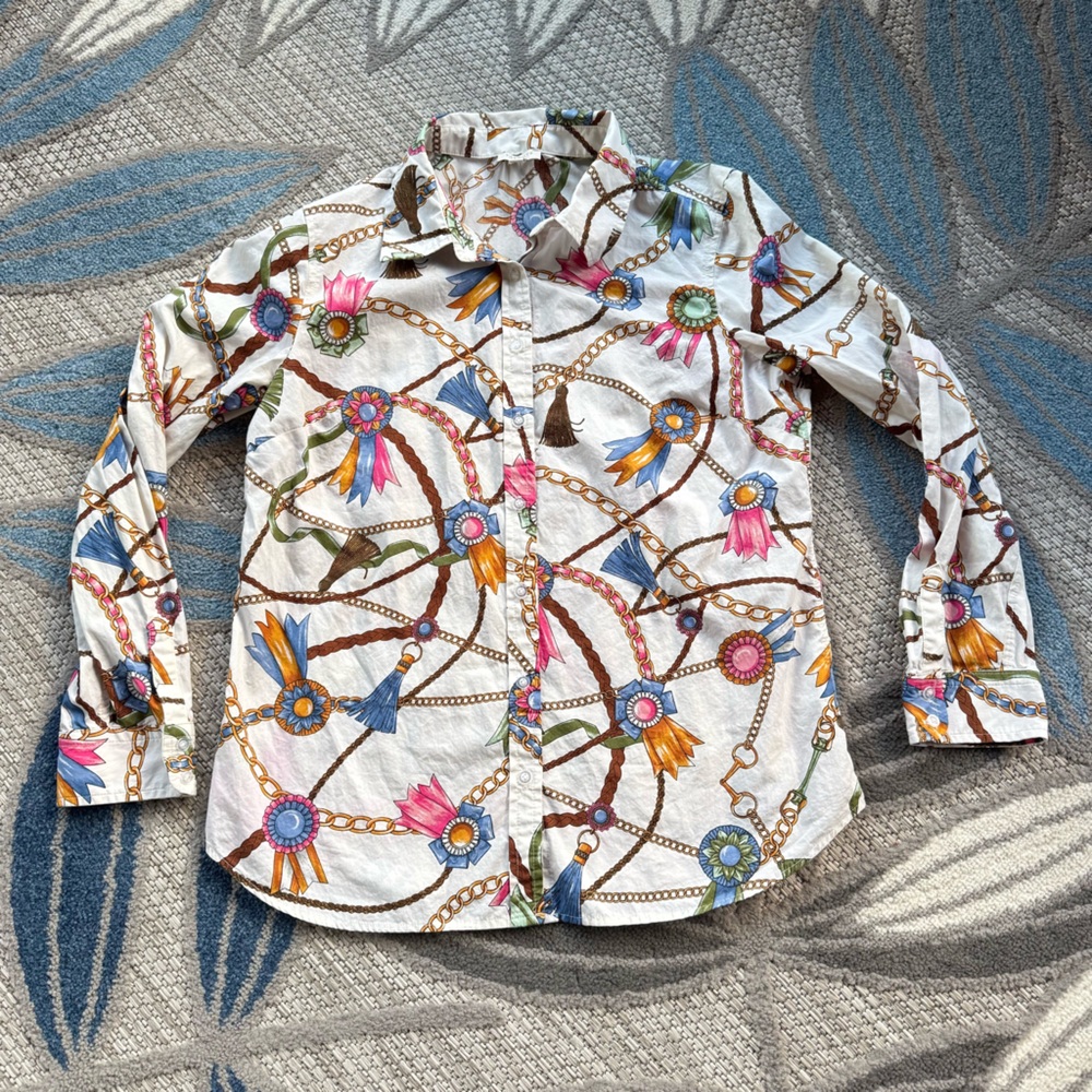 Talbots Classic Cotton Button Up Shirt Baroque Chain Links & Ribbons Sz Med Pet